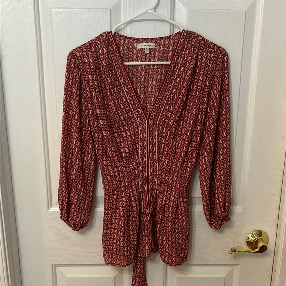 Max Studio Red and White Tie Front Blouse